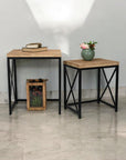 Set of Two Light Brown and Black Distressed Solid Wood and Steel Nested Tables