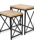 Set of Two Light Brown and Black Distressed Solid Wood and Steel Nested Tables