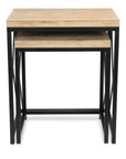 Set of Two Light Brown and Black Distressed Solid Wood and Steel Nested Tables