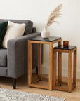 Set of Two Black and Brown Distressed Marble and Solid Wood Square Frame Nested Tables