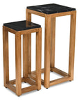 Set of Two Black and Brown Distressed Marble and Solid Wood Square Frame Nested Tables