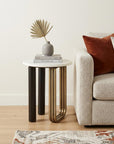 24" White Black And Gold Marble and Iron Round Sled End Table