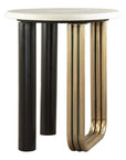 24" White Black And Gold Marble and Iron Round Sled End Table
