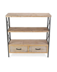 37" Brown Distressed Metal And Wood Three Tier Etagere Bookcase with Two Drawers