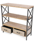 37" Brown Distressed Metal And Wood Three Tier Etagere Bookcase with Two Drawers