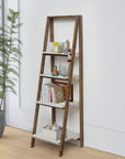 61" Brown And White Distressed Wood Four Tier Tier Ladder Bookcase