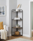 47" Brown Distressed Metal And Wood Four Tier Corner Bookcase