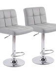Set of Two Gray And Silver Faux Leather And Steel Low Back Adjustable Height Swivel Bar Chairs
