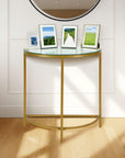 29" Clear and Gold Glass and Iron Half Circle Three Leg Console Table