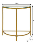29" Clear and Gold Glass and Iron Half Circle Three Leg Console Table