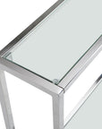56" Clear and Silver Glass and Iron Frame Console Table With Shelf