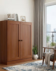 36" Coffee Solid Wood Adjustable Three Tier Library Bookcase with Two Doors