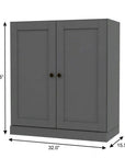 36" Gray Solid Wood Adjustable Three Tier Library Bookcase with Two Doors