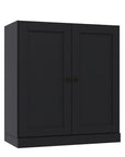 36" Black Solid Wood Adjustable Three Tier Library Bookcase with Two Doors