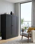 36" Black Solid Wood Adjustable Three Tier Library Bookcase with Two Doors