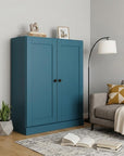 36" Teal Blue Solid Wood Adjustable Three Tier Library Bookcase with Two Doors