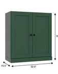 36" Green Solid Wood Adjustable Three Tier Library Bookcase with Two Doors