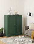 36" Green Solid Wood Adjustable Three Tier Library Bookcase with Two Doors