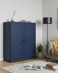 36" Navy Blue Solid Wood Adjustable Three Tier Library Bookcase with Two Doors