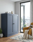 36" French Blue Solid Wood Adjustable Three Tier Library Bookcase with Two Doors