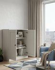 36" Off White Solid Wood Adjustable Three Tier Library Bookcase with Two Doors