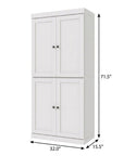 72" White Solid Wood Adjustable Six Tier Library Bookcase with Four Doors