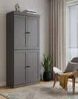 72" Gray Solid Wood Adjustable Six Tier Library Bookcase with Four Doors