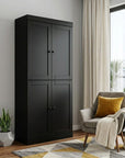 72" Black Solid Wood Adjustable Six Tier Library Bookcase with Four Doors