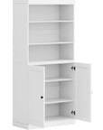 72" White Solid Wood Adjustable Six Tier Library Bookcase with Two Doors