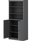 72" Gray Solid Wood Adjustable Six Tier Library Bookcase with Two Doors