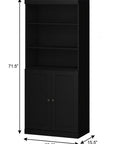 72" Black Solid Wood Adjustable Six Tier Library Bookcase with Two Doors