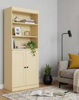 72" Yellow Solid Wood Adjustable Six Tier Library Bookcase with Two Doors