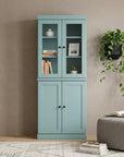72" Aqua Solid Wood Adjustable Six Tier Library Bookcase with Two Doors