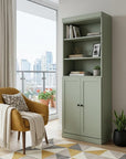 72" Sage Solid Wood Adjustable Six Tier Library Bookcase with Two Doors