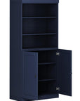 72" Navy Blue Solid Wood Adjustable Six Tier Library Bookcase with Two Doors