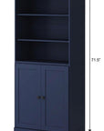 72" Navy Blue Solid Wood Adjustable Six Tier Library Bookcase with Two Doors
