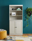 72" Off White Solid Wood Adjustable Six Tier Library Bookcase with Two Doors