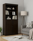 72" Espresso Solid Wood Adjustable Six Tier Library Bookcase with Two Doors