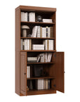 72" Coffee Solid Wood Adjustable Six Tier Library Bookcase with Two Doors