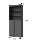 72" Gray Solid Wood Adjustable Six Tier Library Bookcase with Two Doors