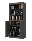 72" Gray Solid Wood Adjustable Six Tier Library Bookcase with Two Doors