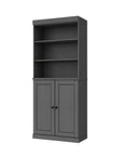 72" Gray Solid Wood Adjustable Six Tier Library Bookcase with Two Doors