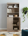 72" Beige Solid Wood Adjustable Six Tier Library Bookcase with Two Doors