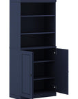 72" Navy Blue Solid Wood Adjustable Six Tier Library Bookcase with Two Doors