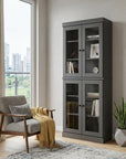 72" Gray Solid Wood Adjustable Six Tier Library Bookcase with Four Doors