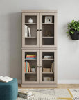 72" Beige Solid Wood Adjustable Six Tier Library Bookcase with Four Doors
