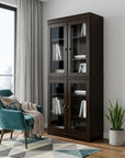 72" Espresso Solid Wood Adjustable Six Tier Library Bookcase with Four Doors