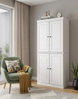 72" White Solid Wood Adjustable Six Tier Library Bookcase with Four Doors