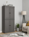 72" Gray Solid Wood Adjustable Six Tier Library Bookcase with Four Doors