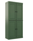 72" Green Solid Wood Adjustable Six Tier Library Bookcase with Four Doors